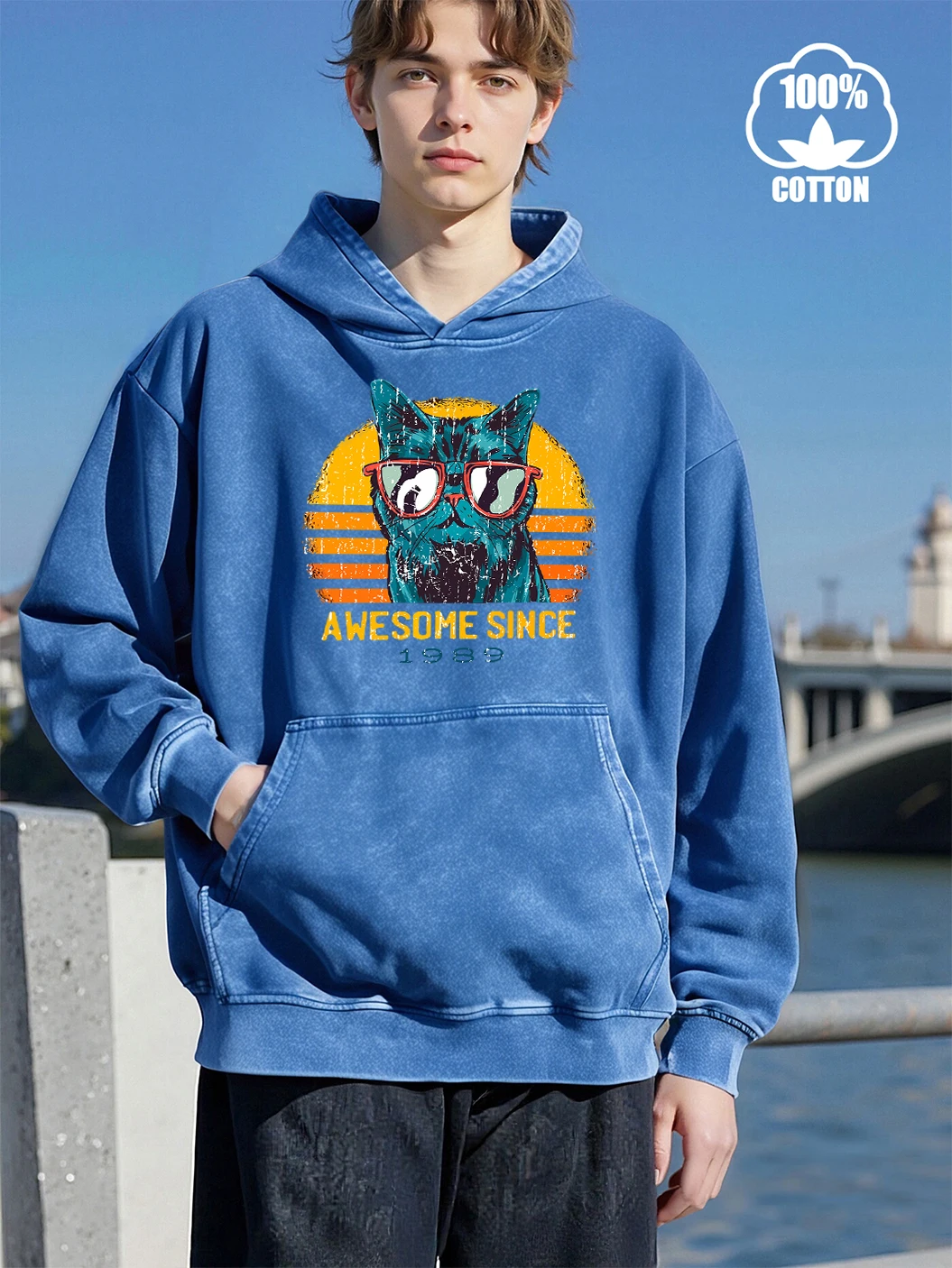 Cool Cat Awesome Since 1989 Printing Men Washed Hoody Pocket Fashion Sweatshirts Casual Loose Hoodie Top Cotton Soft Clothes - Image 4