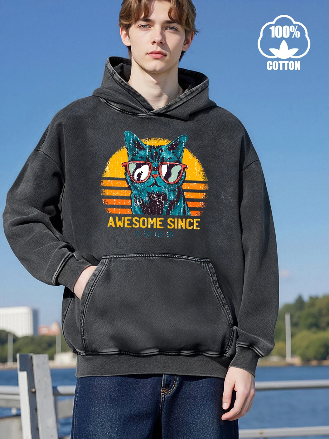 Cool Cat Awesome Since 1989 Printing Men Washed Hoody Pocket Fashion Sweatshirts Casual Loose Hoodie Top Cotton Soft Clothes - Image 2