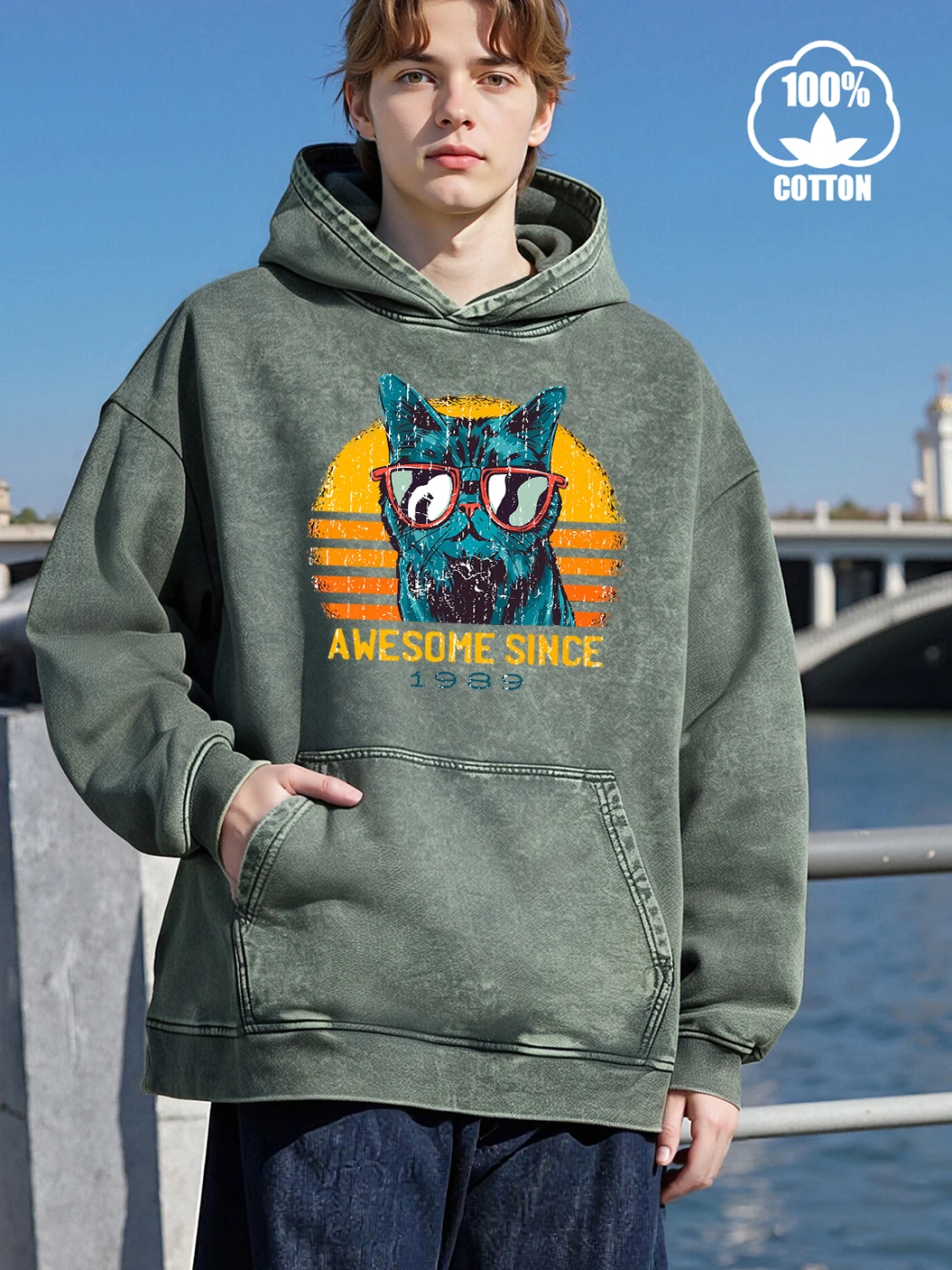 Cool Cat Awesome Since 1989 Printing Men Washed Hoody Pocket Fashion Sweatshirts Casual Loose Hoodie Top Cotton Soft Clothes - Image 3