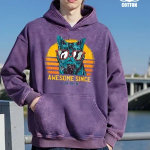 Cool Cat Awesome Since 1989 Printing Men Washed Hoody Pocket Fashion Sweatshirts Casual Loose Hoodie Top Cotton Soft Clothes