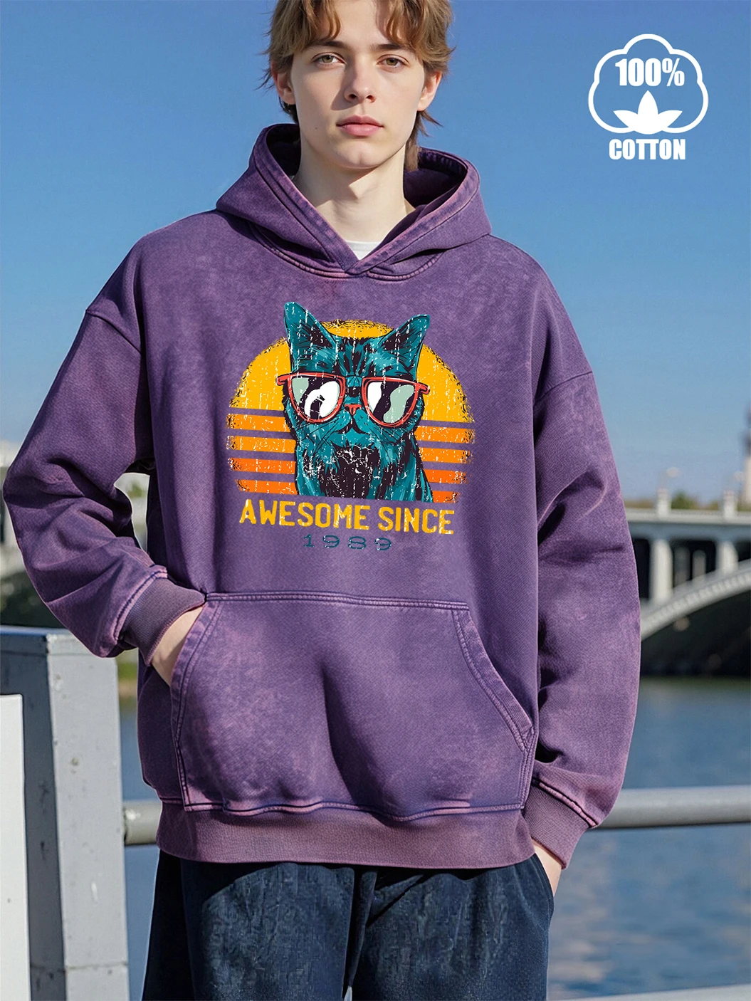 Cool Cat Awesome Since 1989 Printing Men Washed Hoody Pocket Fashion Sweatshirts Casual Loose Hoodie Top Cotton Soft Clothes